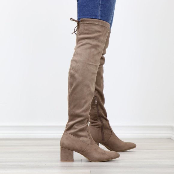 Taupe Thigh High Over The Knee Low Block Heel Boots Faux Suede Pointy Toe - Picture 3 of 15